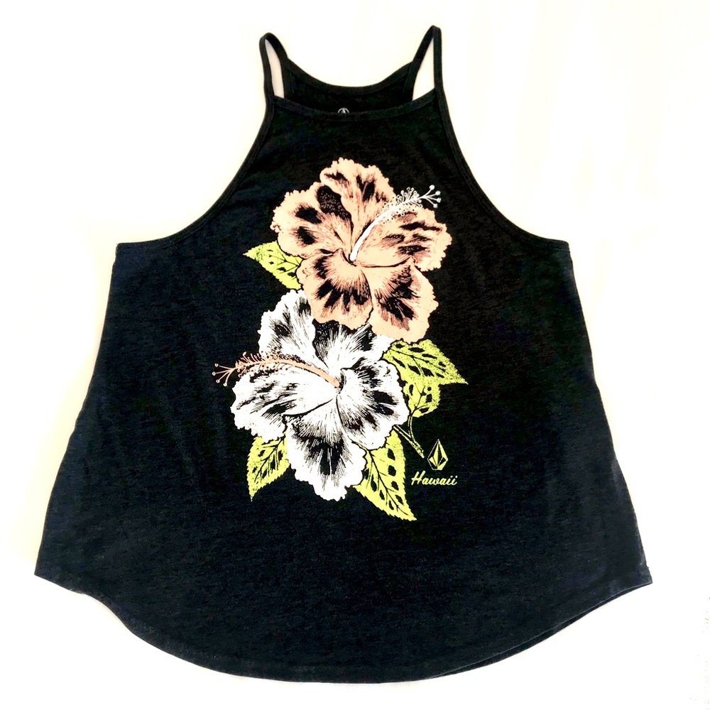 Volcom Tank Top Sz Medium Gray Floral Hawaii Spaghetti Strap Surf Girl Style
